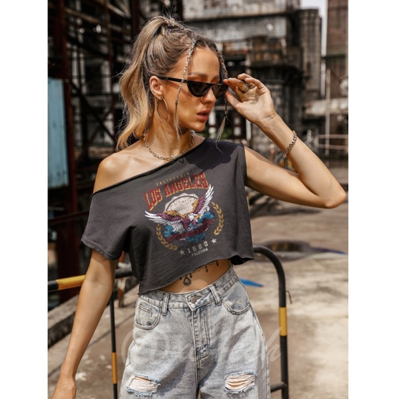 Gray Graphic Crop Tee Shirt California Los Angeles Eagle - Picture 4 of 7